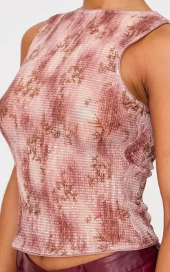 Brown Textured Sequin Boat Neck Printed Long Top