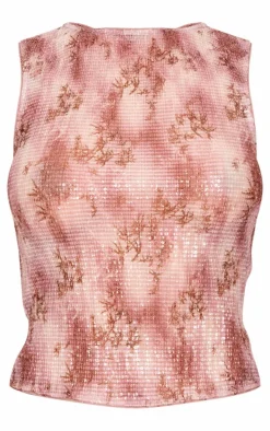 Brown Textured Sequin Boat Neck Printed Long Top