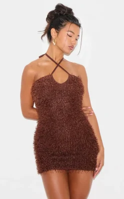 Brown Textured Sequin Cross Tie Halter Mini Dress