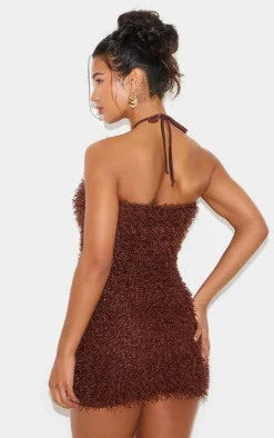Brown Textured Sequin Cross Tie Halter Mini Dress