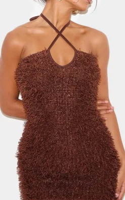 Brown Textured Sequin Cross Tie Halter Mini Dress