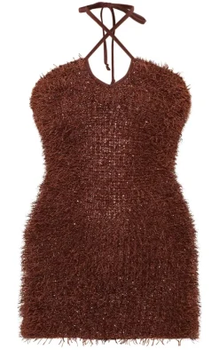 Brown Textured Sequin Cross Tie Halter Mini Dress