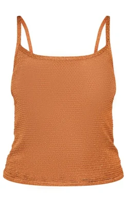 Brown Textured Sheer Strappy Longline Cami Top