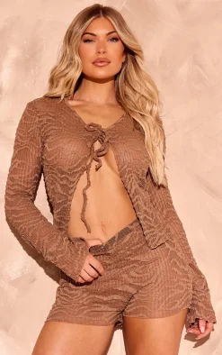 Brown Textured Tie Front Beach Shirt