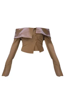 Brown Textured Woven Fold Over Detail Long Sleeve Top