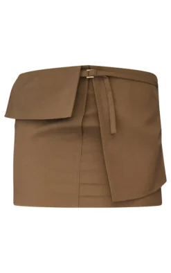 Brown Textured Woven Fold Over Waist Micro Mini Skirt