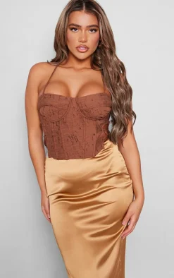 Brown Textured Woven Lace Up Back Top