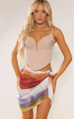 Brown Tie Dye Gathered Mini Skirt