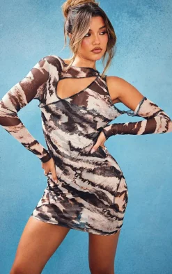 Brown Tie Dye Mesh Double Layer Cut Out Bodycon Dress