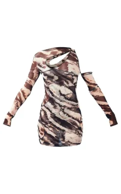 Brown Tie Dye Mesh Double Layer Cut Out Bodycon Dress