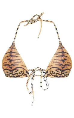 Brown Tiger Adjustable String Tie Padded Triangle Bikini Top