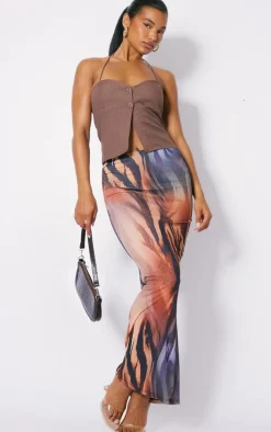 Brown Tiger Print Burnout Mesh Low Rise Maxi Skirt