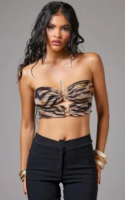Brown Tiger Print Starfish Trim Crop Top