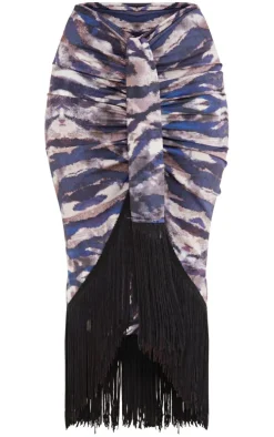 Brown Tiger Print Tassel Hem Midi Skirt