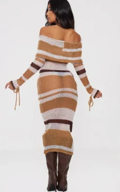 Brown Tonal Soft Knit Foldover Tie Detail Bardot Maxi Dress