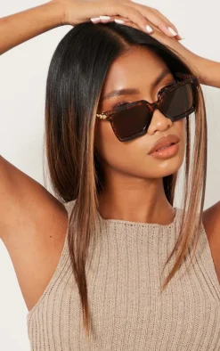 Brown Tortoise Metal Arm Detail Squared Sunglasses