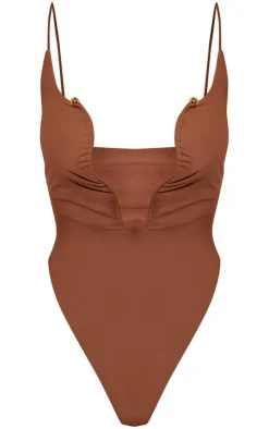 Brown Trim Detail Plunge High Leg Swimsuit