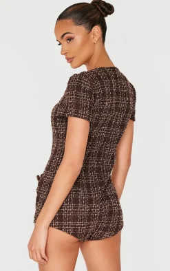 Brown Tweed Short Sleeve Button Detail Romper