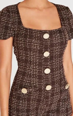 Brown Tweed Short Sleeve Button Detail Romper