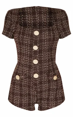 Brown Tweed Short Sleeve Button Detail Romper
