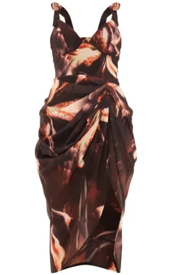 Brown Underwire Detail Draped Midi Dress