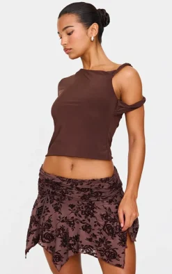 Brown Velvet Floral Detail Mini Skirt