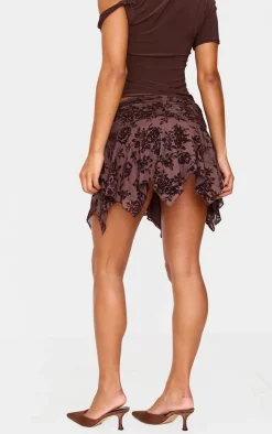 Brown Velvet Floral Detail Mini Skirt