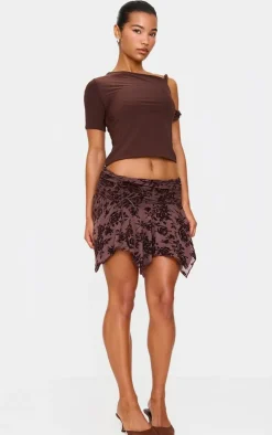 Brown Velvet Floral Detail Mini Skirt