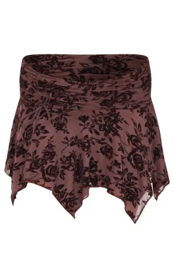 Brown Velvet Floral Detail Mini Skirt