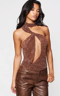 Brown Velvet Lace Highneck Cut Out Long Top