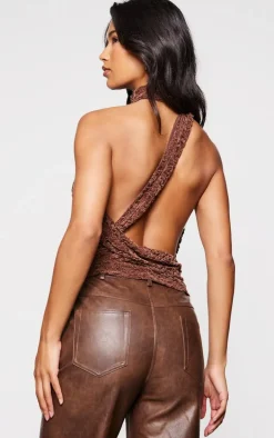 Brown Velvet Lace Highneck Cut Out Long Top