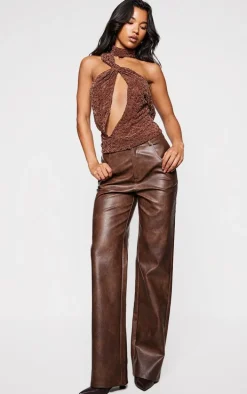 Brown Velvet Lace Highneck Cut Out Long Top
