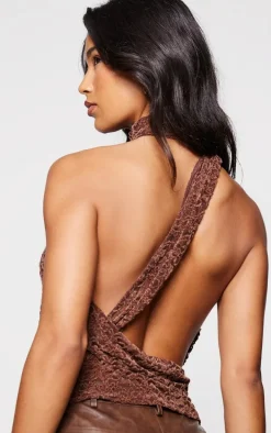 Brown Velvet Lace Highneck Cut Out Long Top
