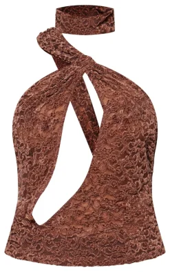 Brown Velvet Lace Highneck Cut Out Long Top