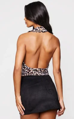 Brown Velvet Leopard Print Cowl Neck Long Top