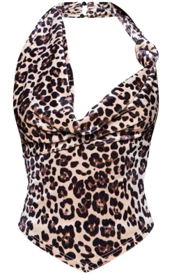 Brown Velvet Leopard Print Cowl Neck Long Top