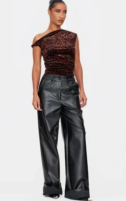 Brown Velvet Leopard Printed Asymmetric Shoulder Detail Long Top
