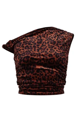 Brown Velvet Leopard Printed Asymmetric Shoulder Detail Long Top