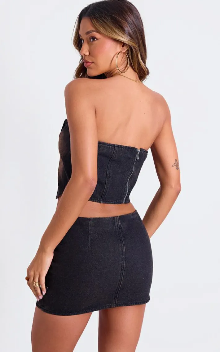 Brown Vintage Asymmetric Waistband Detail Denim Crop Top