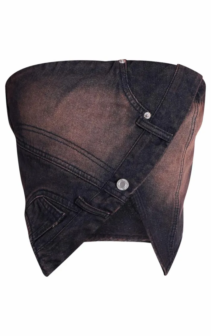 Brown Vintage Asymmetric Waistband Detail Denim Crop Top