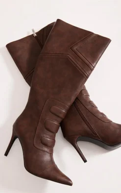 Brown Vintage Point Toe Motor Cross High Heeled Knee Boots