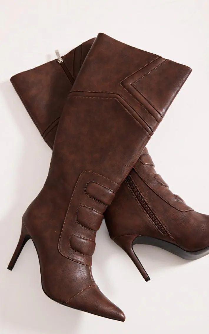 Brown Vintage Point Toe Motor Cross High Heeled Knee Boots