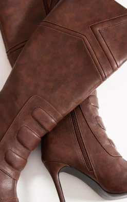 Brown Vintage Point Toe Motor Cross High Heeled Knee Boots