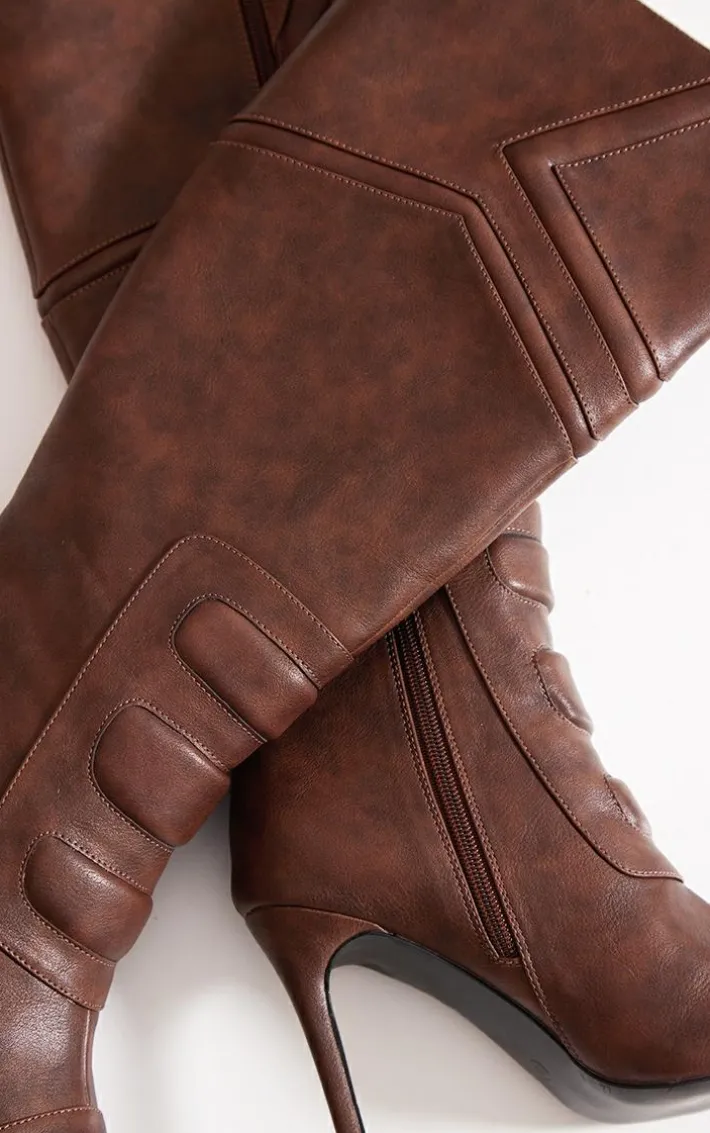 Brown Vintage Point Toe Motor Cross High Heeled Knee Boots