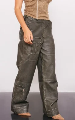 Brown Vintage Wash Faux Leather Pocket Front Pants