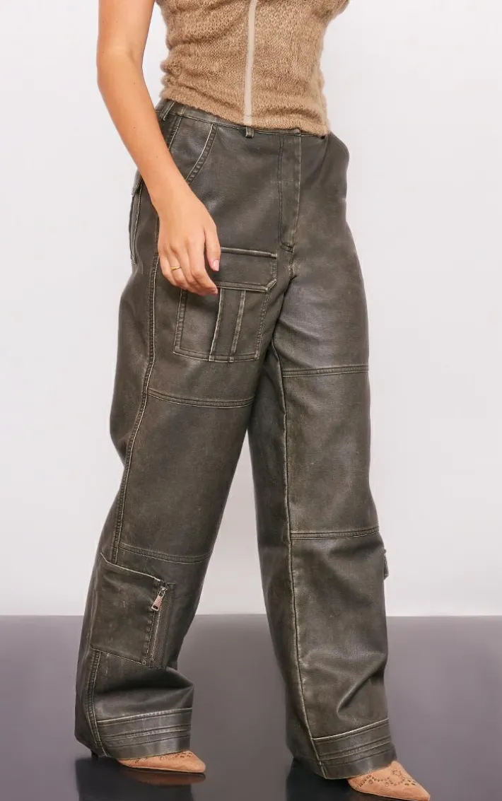 Brown Vintage Wash Faux Leather Pocket Front Pants