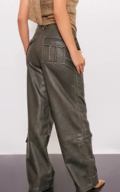 Brown Vintage Wash Faux Leather Pocket Front Pants