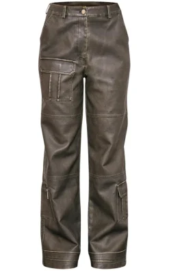 Brown Vintage Wash Faux Leather Pocket Front Pants