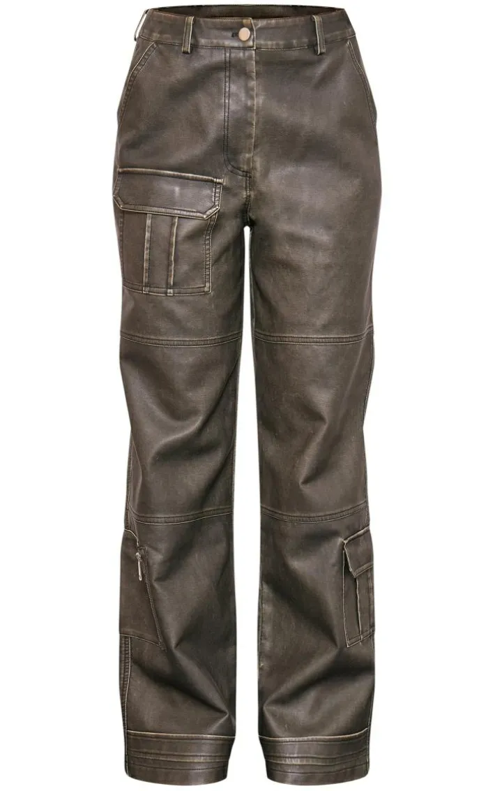 Brown Vintage Wash Faux Leather Pocket Front Pants