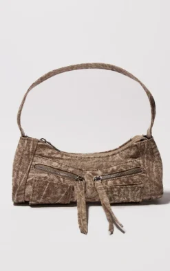 Brown Washed Denim Utility Mini Shoulder Bag